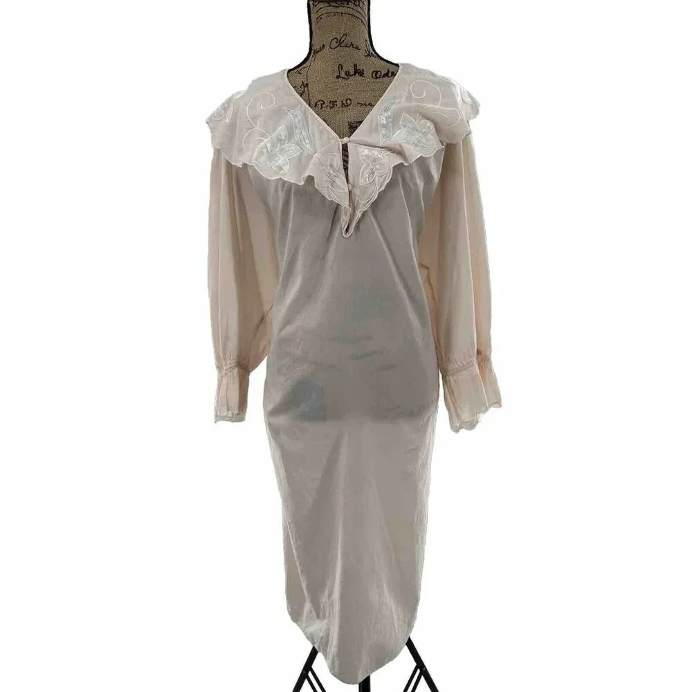 Natori Nightgown Delicate Orange Womens L Floral Aplique Flutter Sleeve Pullover
